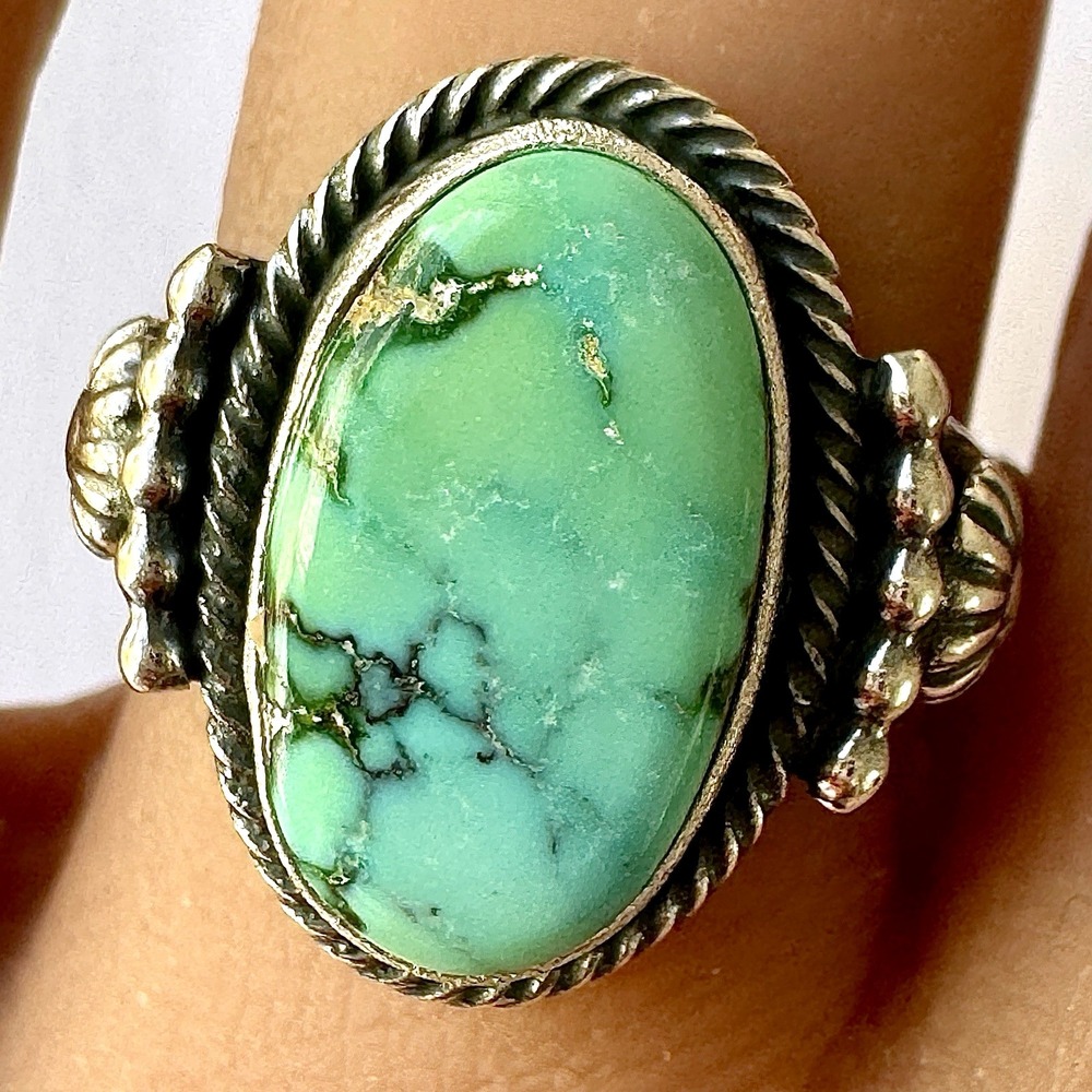 Navajo Sonoran Gold Turquoise Ring Sz 8 Signed Yellowhair Sterling Native Amer